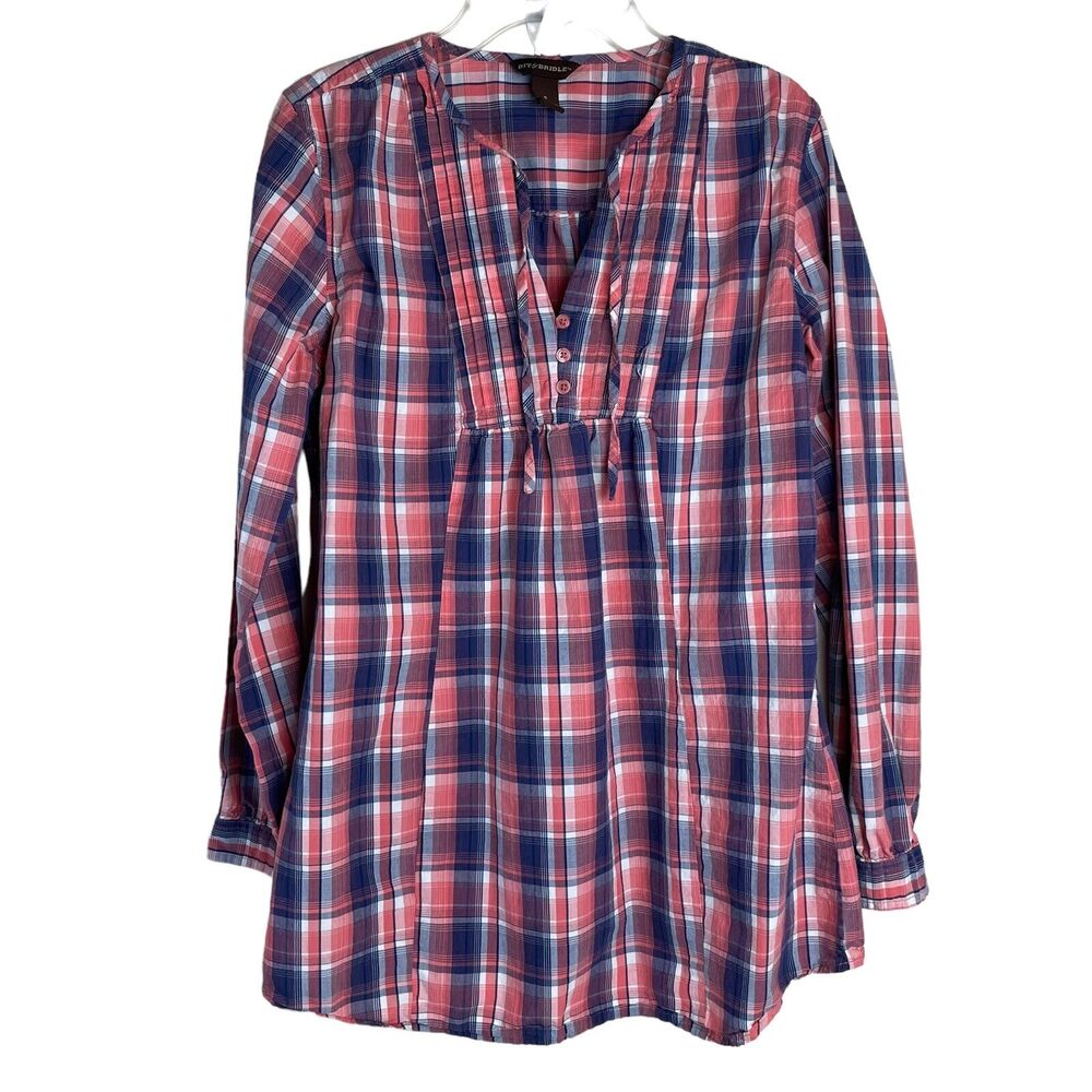 Bit & Bridle S Pink Plaid Western Long Sleeve Tunic Peasant Equestrian Blouse